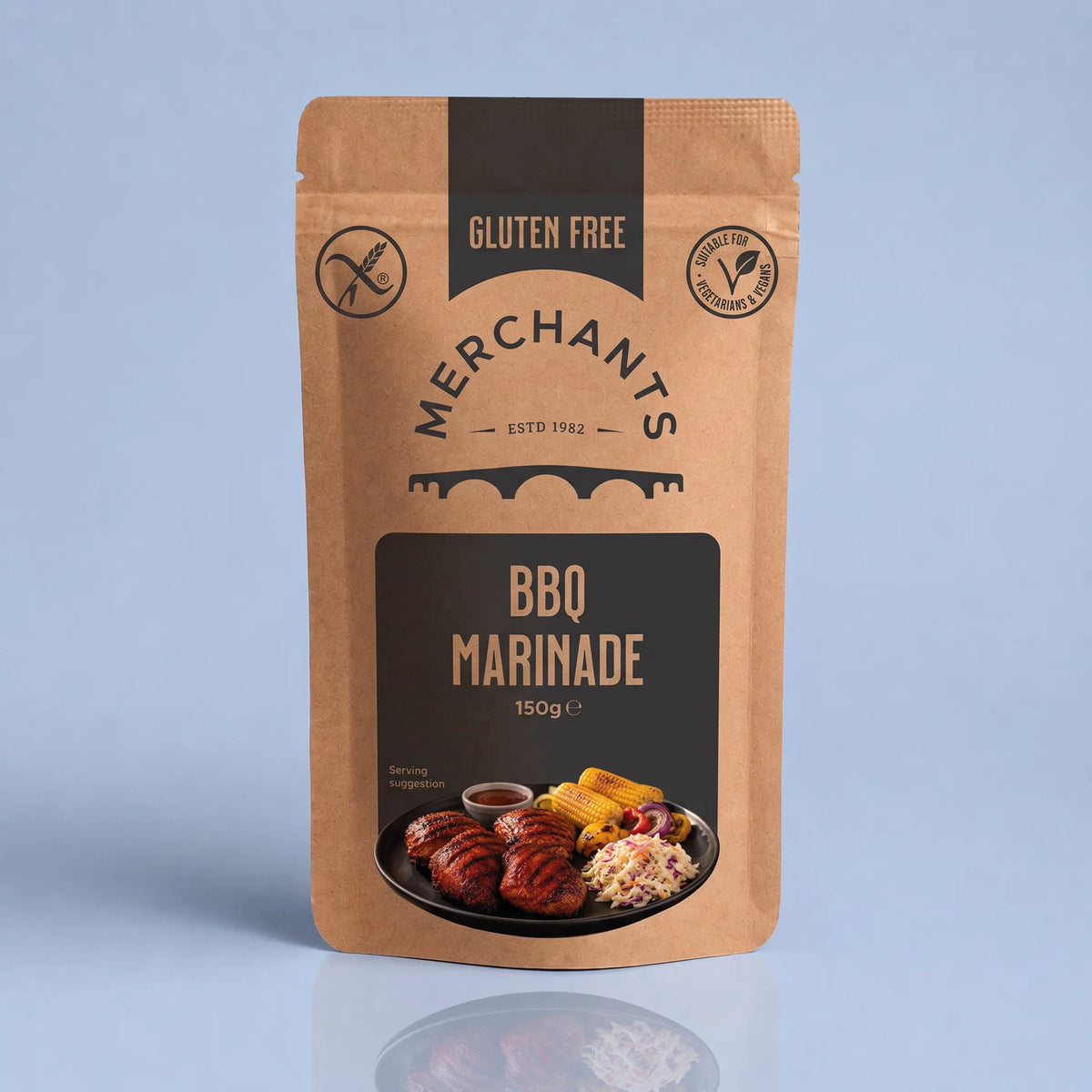 A stand-up pouch of Merchants BBQ Marinade, 150g, featuring a kraft paper design with black panels and a food graphic at the bottom, set against a light blue background.