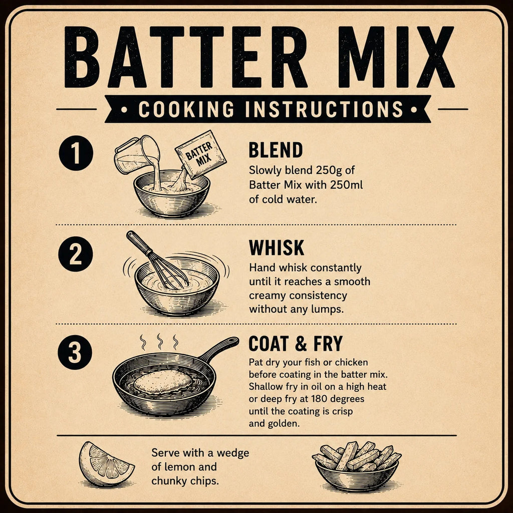 A vintage-style cooking instruction poster for batter mix, featuring three illustrated steps: blend with cold water, whisk for smooth consistency, and coat & fry. The poster has a warm beige background with black text and border, and includes serving suggestions with lemon and chips.
