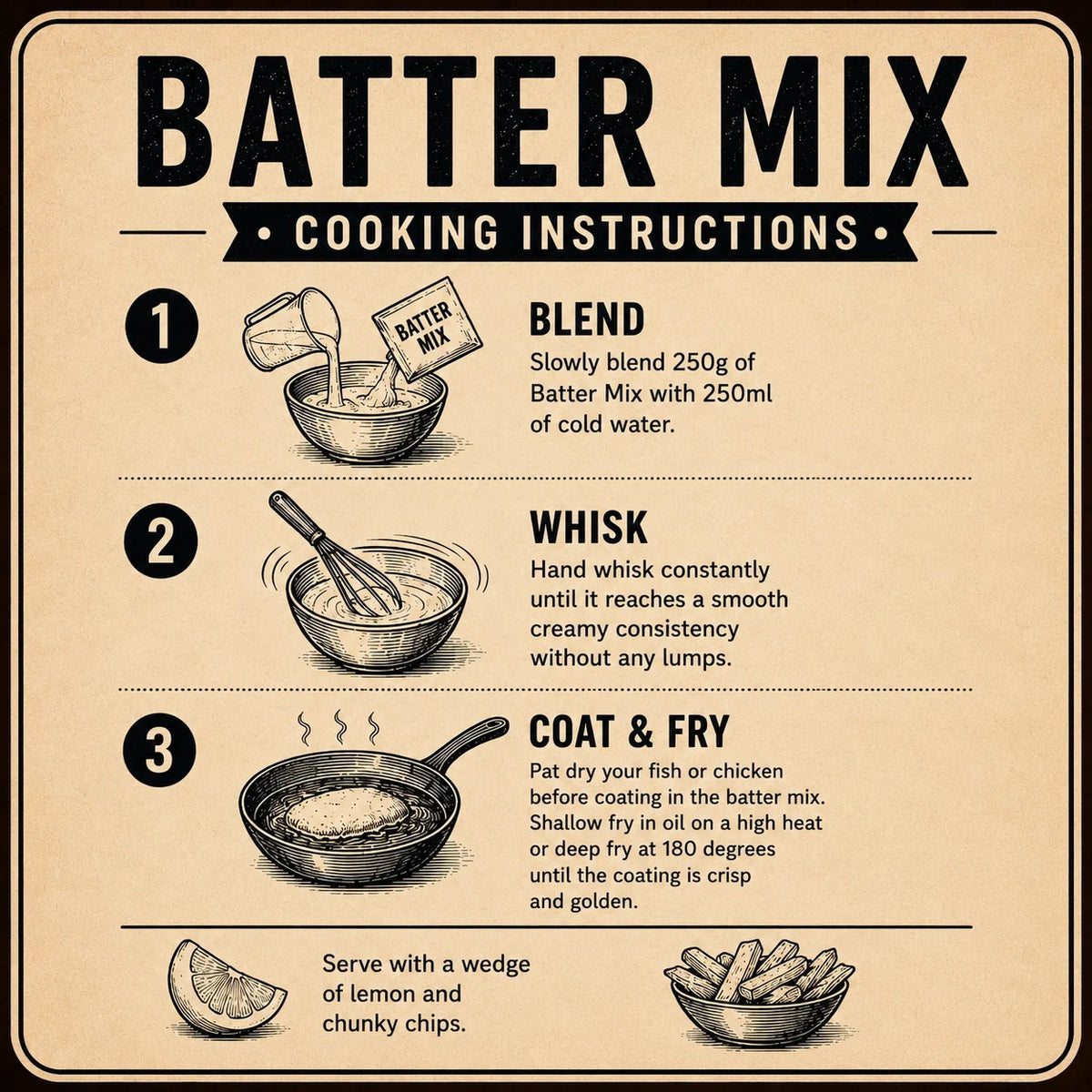 A vintage-style cooking instruction poster for batter mix, featuring three illustrated steps: blend with cold water, whisk for smooth consistency, and coat & fry. The poster has a warm beige background with black text and border, and includes serving suggestions with lemon and chips.