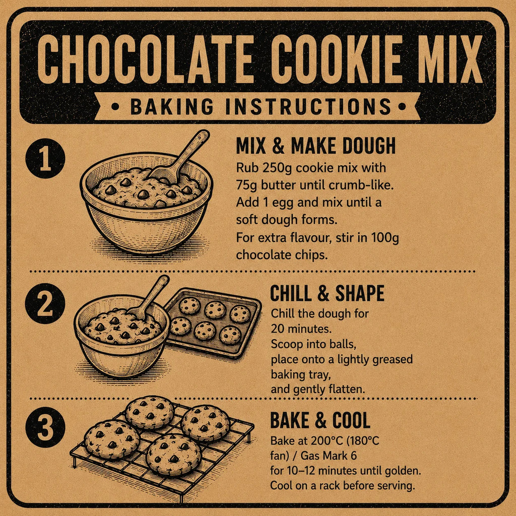 A vintage-style brown poster with illustrated chocolate chip cookies and text reading 'CHOCOLATE COOKIE MIX' and 'BAKING INSTRUCTIONS,' showing three numbered steps for making the dough, chilling, and baking.