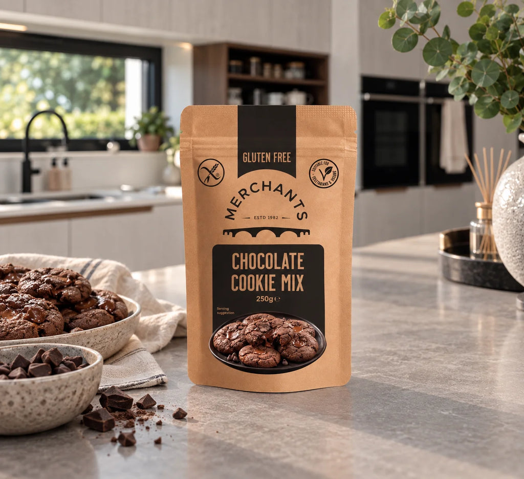 A stand-up pouch of Merchants Chocolate Cookie Mix stands on a kitchen countertop, with bowls of chocolate cookie pieces and crumbs nearby and a blurred modern kitchen in the background.