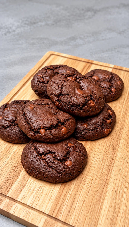 A pile of chocolate chip cookies on a wooden cutting board against a gray textured background.