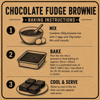 A vintage-style illustrated baking instruction poster for chocolate fudge brownie, showing three numbered steps: mixing the batter, baking in a tin, and cooling and serving. The text and graphics are on a tan paper-like background with black text and brown illustrations.