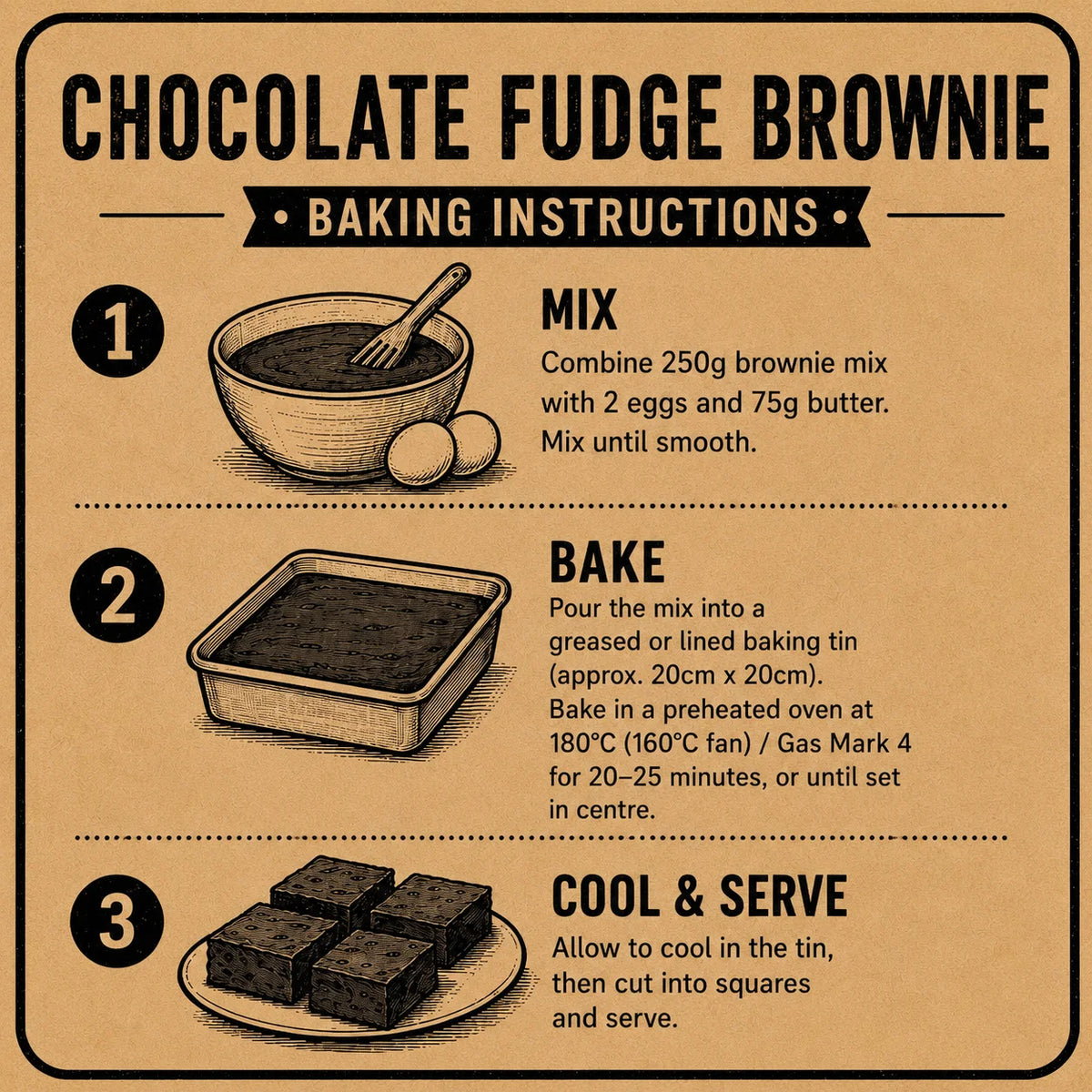 A vintage-style illustrated baking instruction poster for chocolate fudge brownie, showing three numbered steps: mixing the batter, baking in a tin, and cooling and serving. The text and graphics are on a tan paper-like background with black text and brown illustrations.