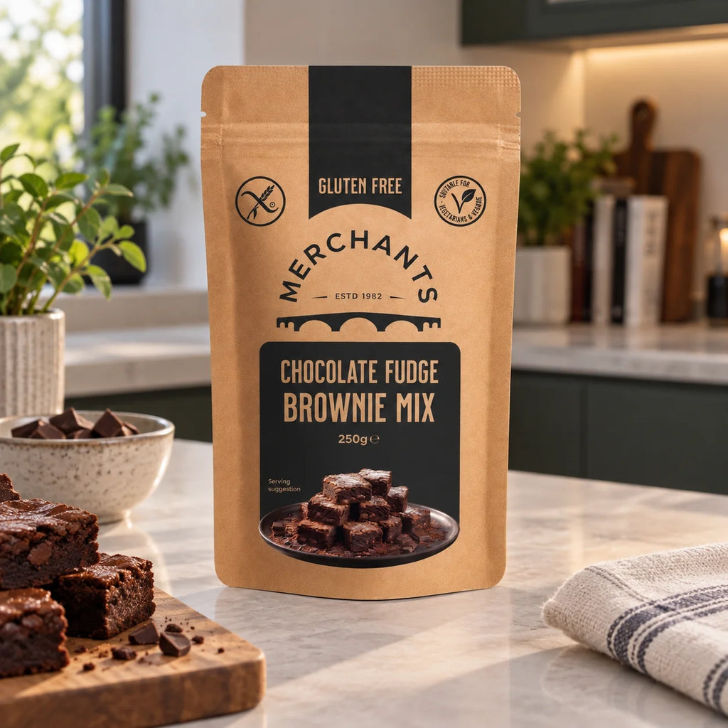 A stand-up kraft paper pouch of Merchants Chocolate Fudge Brownie Mix stands on a kitchen countertop, with brownies and baking props visible in a real kitchen setting.