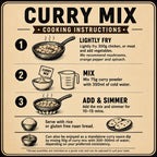 A vintage-style recipe card for Curry Mix, featuring step-by-step cooking instructions with illustrations of cookware, bowls, and spices on a warm beige background.