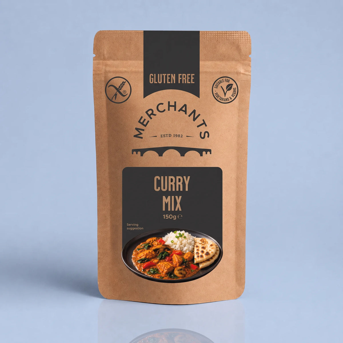 A stand-up pouch of Merchant's Curry Mix on a light blue background. The pouch is kraft brown with black panels and a photo of the prepared curry mix on the front.