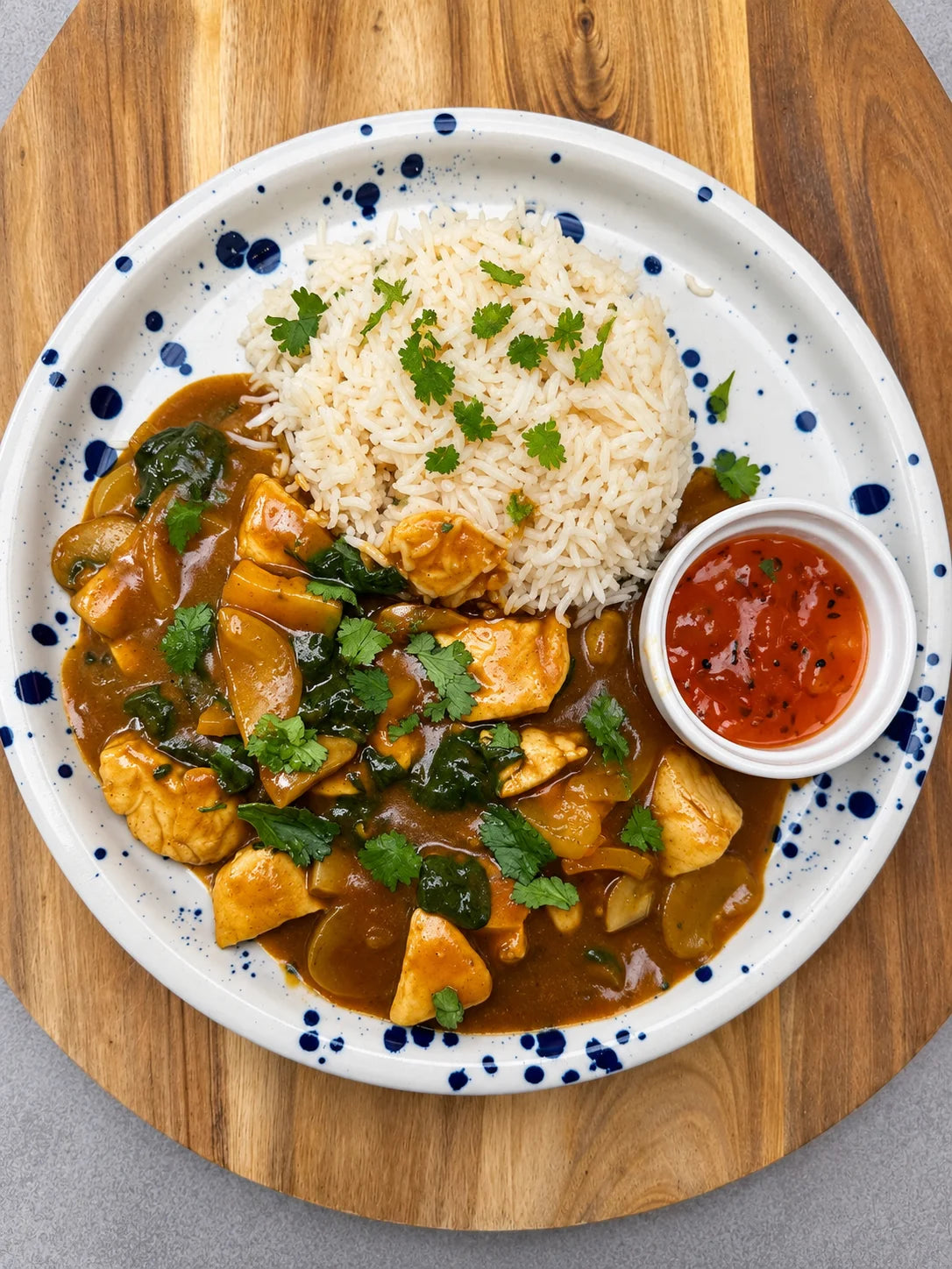 A plated meal featuring a chicken and egg curry with spinach, served over white rice with cilantro garnish, alongside a small side of red chili sauce, all on a speckled white plate over a wooden board.