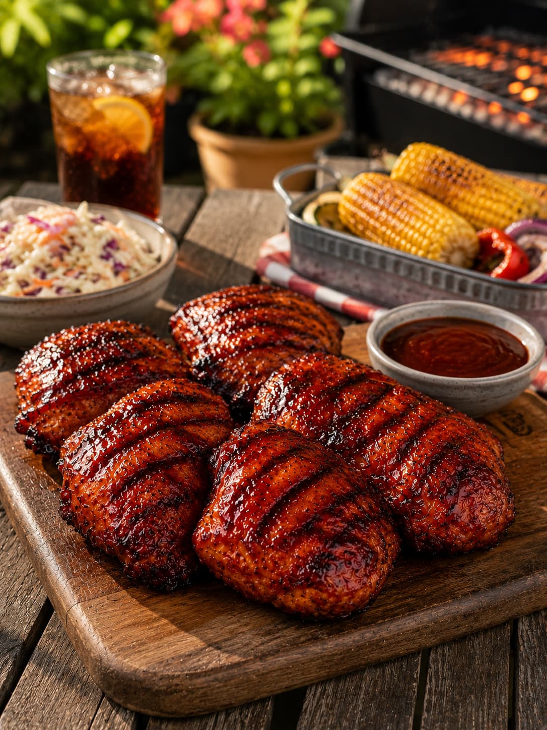 Grilled meatballs with dark charred marks on a wooden serving board, served with a side of red sauce, corn on the cob, coleslaw, and a drink on a rustic outdoor table.