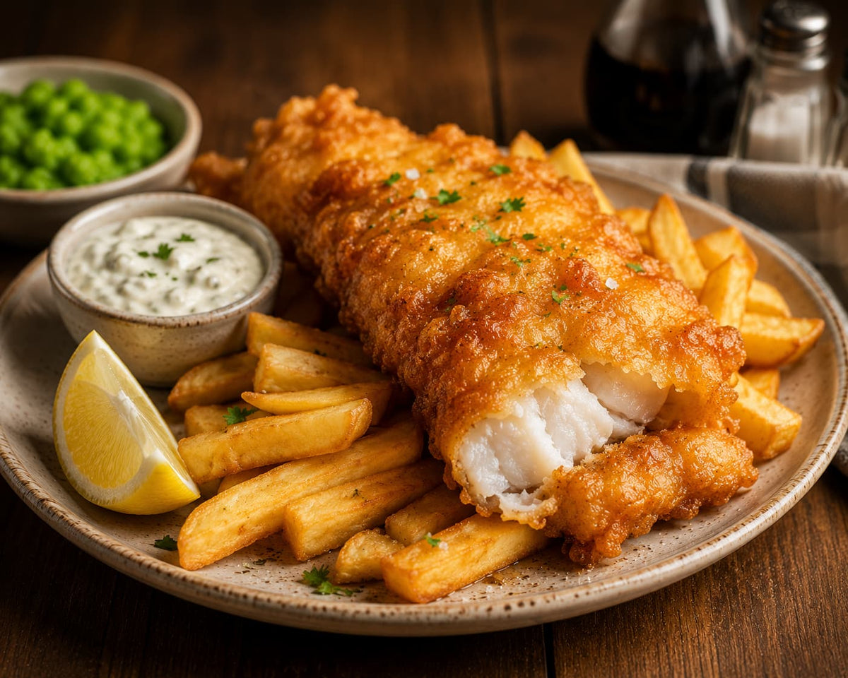 A plated serving of fish and chips on a rustic wooden table, featuring a golden-brown battered fish fillet, thick french fries, a side of tartar sauce, peas, and a lemon wedge.