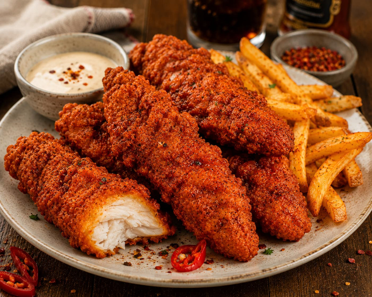 A close-up of a plated food dish featuring three golden-brown breaded chicken tenders served with thick french fries, a small bowl of creamy dipping sauce, and red chili slices on a dark wooden table.