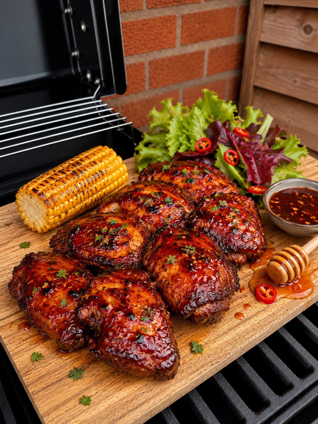 Grilled chicken wings glazed with a glossy sauce, served on a wooden cutting board with a corn cob, mixed greens, and a small dipping sauce bowl, set on a grill with a brick wall background.