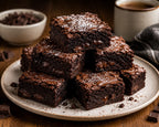 A stack of rich chocolate brownies on a speckled beige plate, with a bowl of chocolate chunks and a cup of coffee in the background on a wooden table.