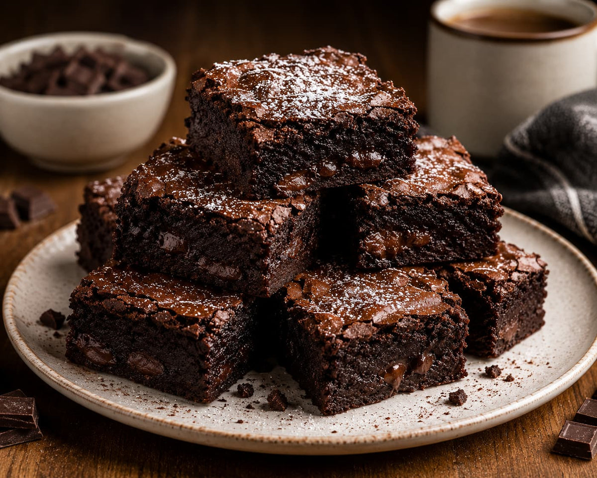 A stack of rich chocolate brownies on a speckled beige plate, with a bowl of chocolate chunks and a cup of coffee in the background on a wooden table.