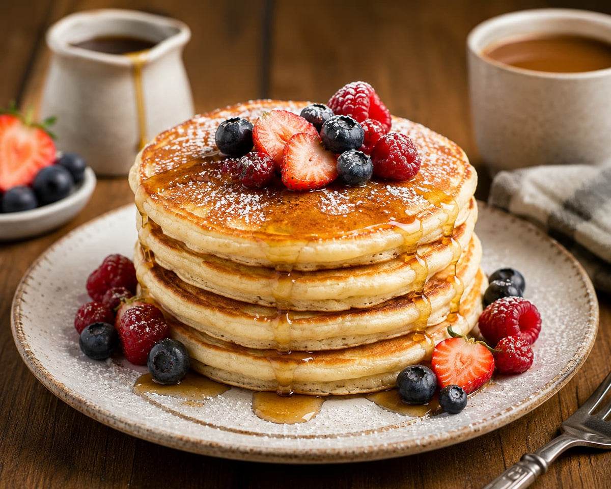 A tall stack of golden pancakes topped with fresh strawberries, blueberries, and raspberries, drizzled with syrup on a speckled beige plate. A small cream pitcher of syrup, a cup of coffee, and a fork are visible on a rustic wooden table.