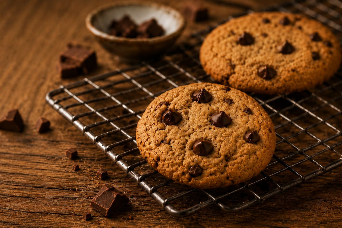 Two chocolate chip cookies cooling on a metal wire rack over a wooden table, with scattered chocolate chunks and a small bowl of chocolate pieces in the background.