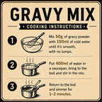 A vintage-style recipe card for Gravy Mix with three numbered cooking instructions, including illustrations of a whisk in a bowl, water boiling in a saucepan, and a spoon in a pot, all on a beige background with black text and border.
