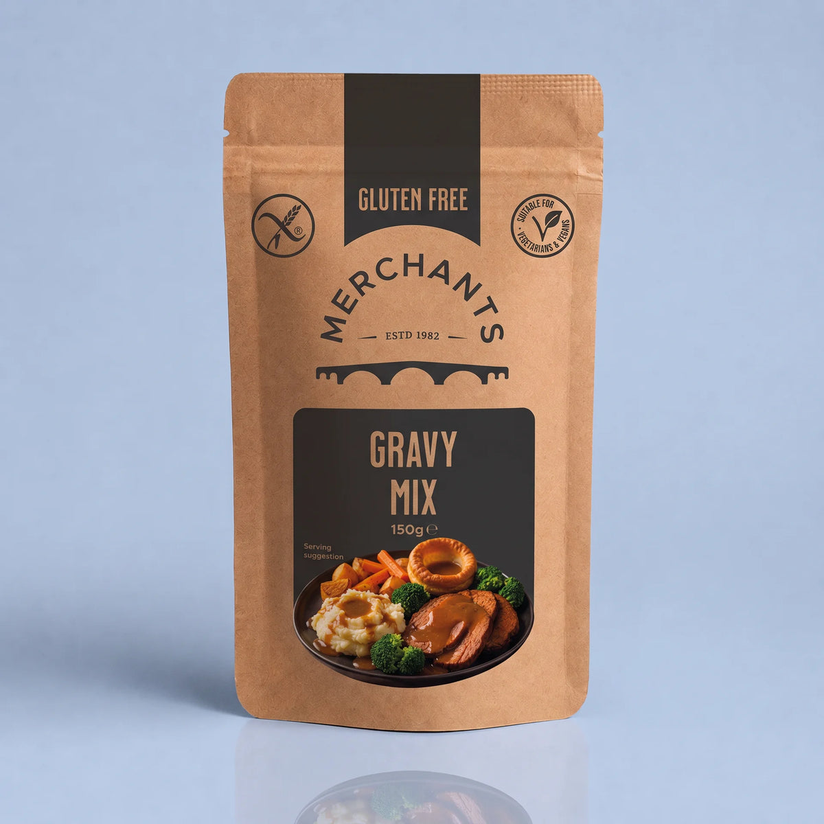 A stand-up pouch of Merchants Gravy Mix, 150g, featuring a kraft brown packaging design with black panels and a food illustration of roasted meat, mashed potatoes, and broccoli.