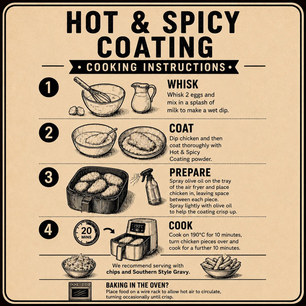 An instructional graphic titled 'HOT & SPICY COATING' with four numbered steps showing how to prepare and cook chicken for hot and spicy coating, presented in a vintage-style poster layout with a warm beige background.