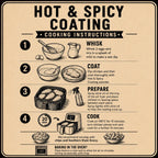 An instructional graphic titled 'HOT & SPICY COATING' with four numbered steps showing how to prepare and cook chicken for hot and spicy coating, presented in a vintage-style poster layout with a warm beige background.