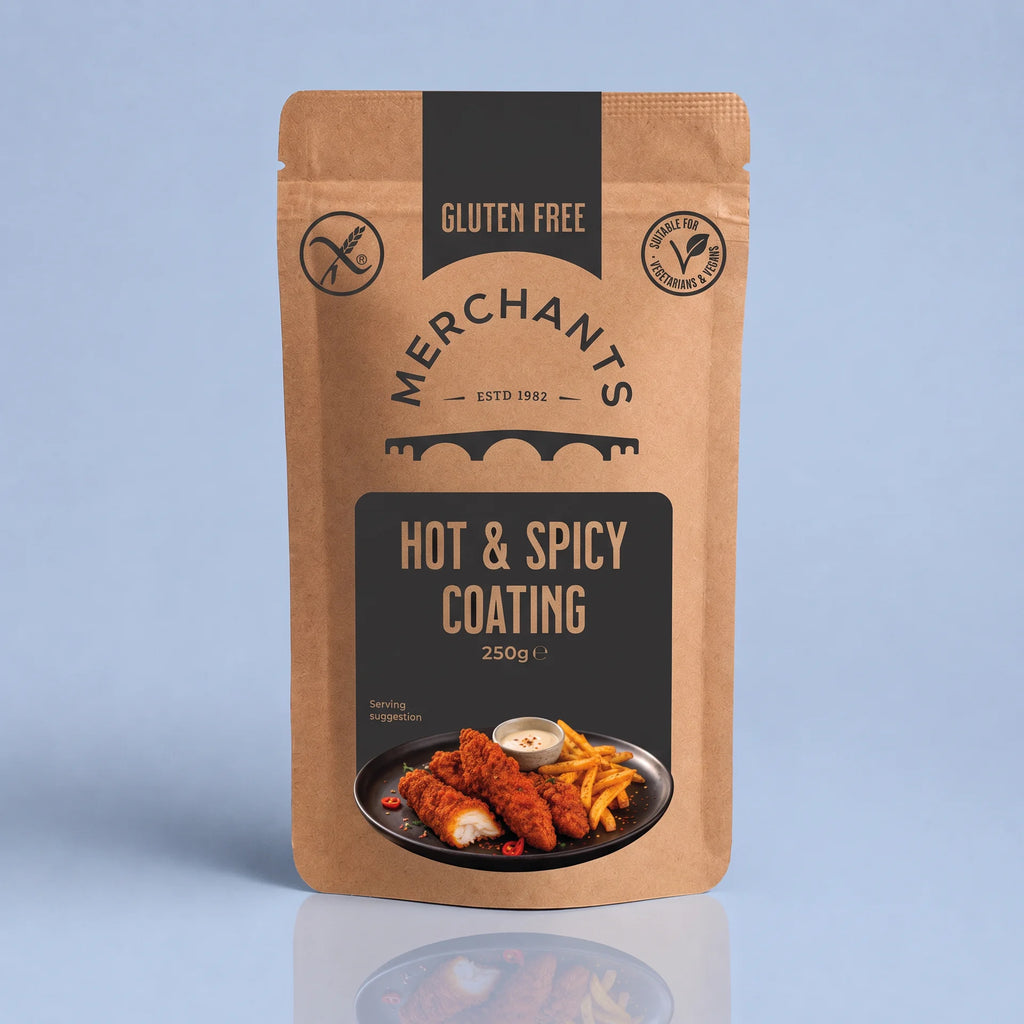 A stand-up kraft paper pouch of Merchants Hot & Spicy Coating, 250g, shown on a light blue-gray background with a soft reflection below. The packaging features a black central label with the product name in beige text and a photo of fried chicken and fries at the bottom.