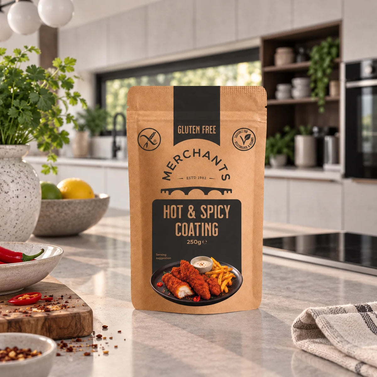 A stand-up pouch of Merchants Gluten Free Hot & Spicy Coating stands on a kitchen countertop. The kraft paper bag has a black label with white and gold text and a photo of coated food on the front.