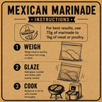 An illustrated instruction poster titled 'MEXICAN MARINADE INSTRUCTIONS' on a tan background, with step-by-step guidance for weighing, glazing, and cooking meat or poultry using simple line drawings and small product icons.