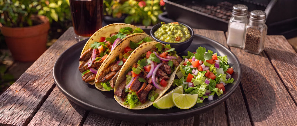 Three soft corn tacos filled with grilled meat and topped with red onion, cilantro, and diced tomatoes, served on a black plate with guacamole, a side salad, lime wedges, and a drink on a rustic wooden table outdoors.