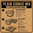 A vintage-style recipe card for plain cookie mix, showing three numbered baking steps with illustrations of a bowl of dough, chocolate chips, baked cookies on a tray, and cookies cooling on a rack. The card has a tan background with a dark brown header and black text.