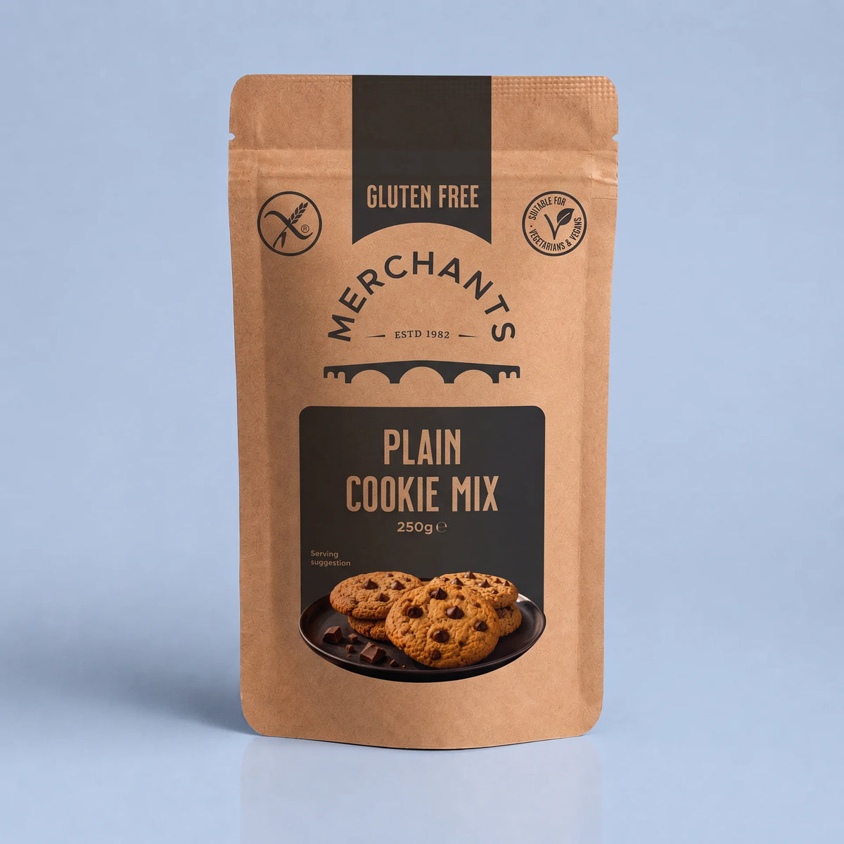 A stand-up kraft paper pouch of Merchants Plain Cookie Mix, 250g, featuring a black central label with cookie imagery, set against a light blue background.