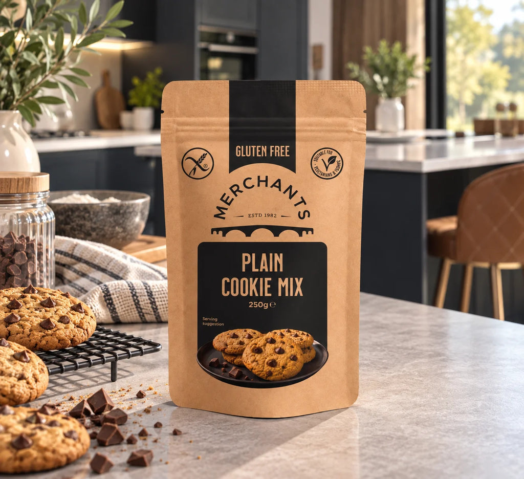A stand-up pouch of Merchants Gluten Free Plain Cookie Mix, 250g, displayed on a kitchen countertop with cookies and chocolate pieces in the foreground.