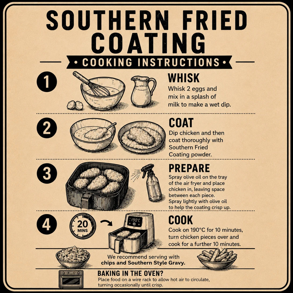 A vintage-style cooking instruction poster for Southern Fried Coating, showing four numbered steps with illustrated bowls, a whisk, a spray bottle, and a frying pan on a tan parchment-like background with black text.