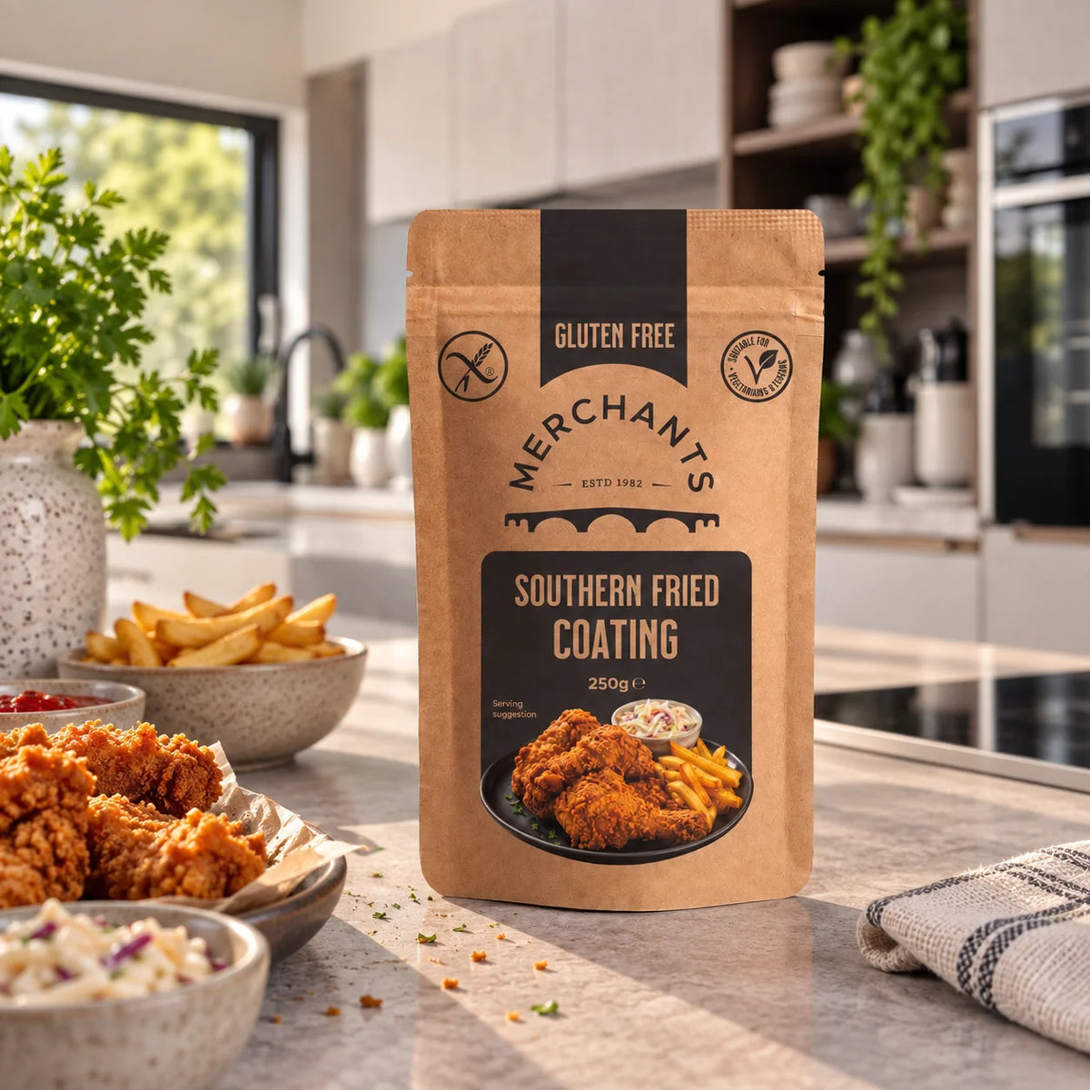 A stand-up pouch of Merchants Southern Fried Coating stands on a kitchen countertop, surrounded by fried chicken, fries, and other food items in a bright, modern kitchen setting.