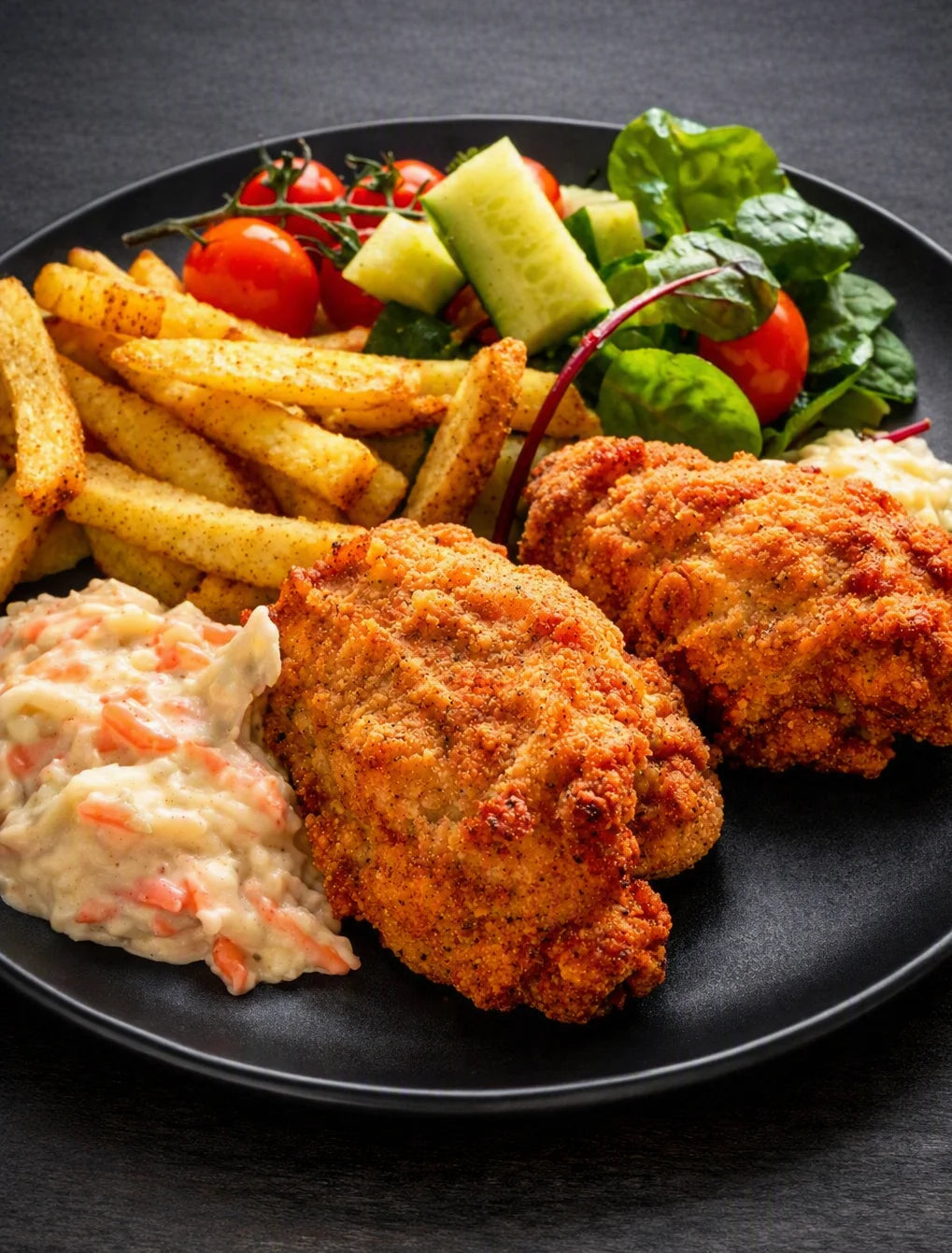 A plated meal featuring two golden-brown breaded chicken pieces, french fries, a potato salad, and a fresh salad with tomatoes, cucumber, and greens on a black plate.