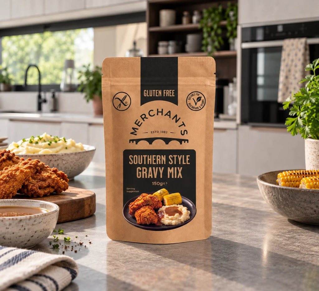 A stand-up pouch of Merchants UK Southern Style Gravy Mix stands on a kitchen countertop, with cooked food and kitchen elements blurred in the background and foreground.